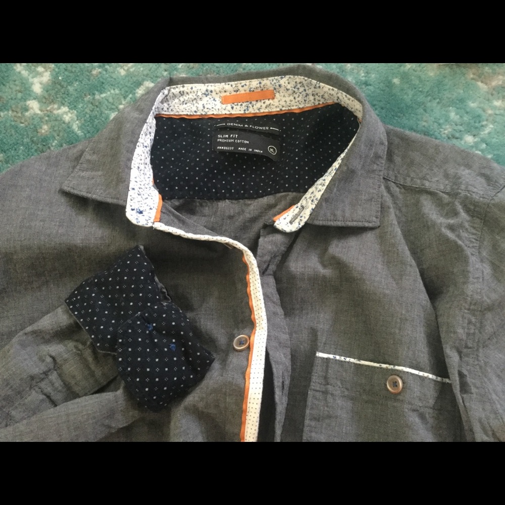 Mens Denim & Flower Slim Fit Button Down sz XL
